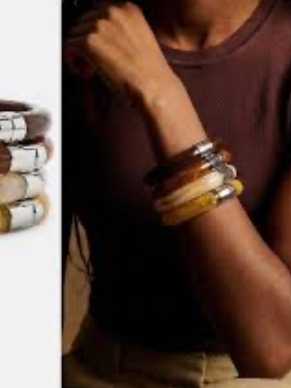 Zara Stacked Resin & Metal Bangle Set - Brown, Cream & Yellow